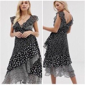 AllSaints Kari Scatter Ruffle Dress Midi Wrap Floral Dress Tiered Small